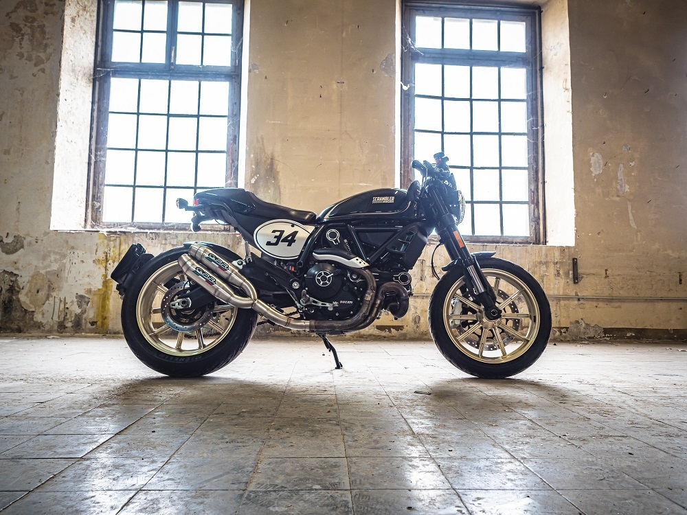 Escape compatible con Ducati Scrambler 800 2017-2020, Deeptone Inox, Par de terminales de escape homologados, con db killer extraíble, catalizadores y tubo de conexión específico 
