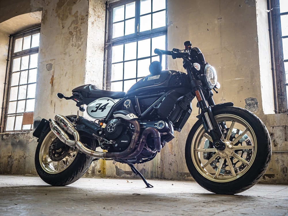 Escape compatible con Ducati Scrambler 800 2017-2020, Deeptone Inox, Par de terminales de escape homologados, con db killer extraíble, catalizadores y tubo de conexión específico 