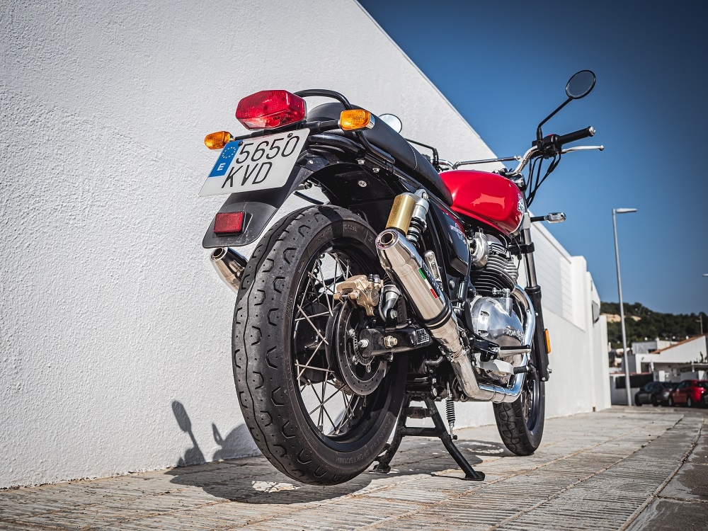 Escape compatible con Royal Enfield Interceptor 650 2019-2020, Deeptone Inox, Par de terminales de escape homologados, con db killer extraíble, catalizadores y tubo de conexión específico 