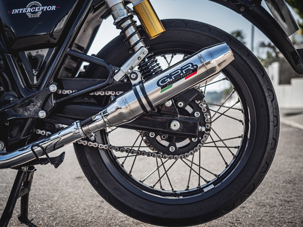 Escape compatible con Royal Enfield Interceptor 650 2019-2020, Deeptone Inox, Par de terminales de escape homologados, con db killer extraíble, catalizadores y tubo de conexión específico 