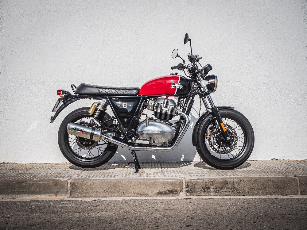 Escape compatible con Royal Enfield Interceptor 650 2019-2020, Satinox, Par de terminales de escape homologados, con db killer extraíble, catalizadores y tubo de conexión específico 