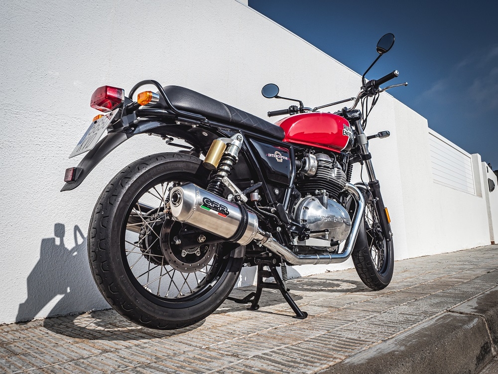 Escape compatible con Royal Enfield Interceptor 650 2019-2020, Satinox, Par de terminales de escape homologados, con db killer extraíble, catalizadores y tubo de conexión específico 