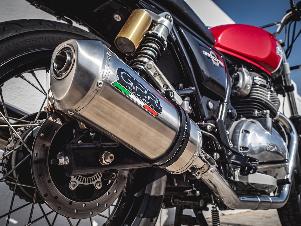 Escape compatible con Royal Enfield Interceptor 650 2019-2020, Satinox, Par de terminales de escape homologados, con db killer extraíble, catalizadores y tubo de conexión específico 