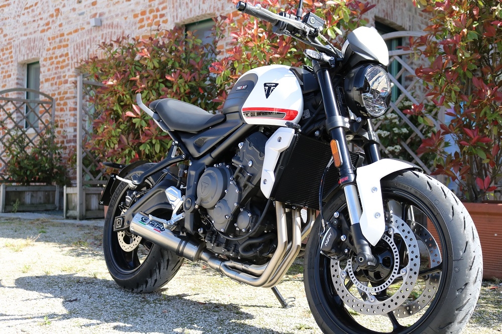 Escape compatible con Triumph Trident 660 2021-2024, M3 Titanium Natural, Escape completo homologado y legal,con catalizador incluido db killer extraíble 