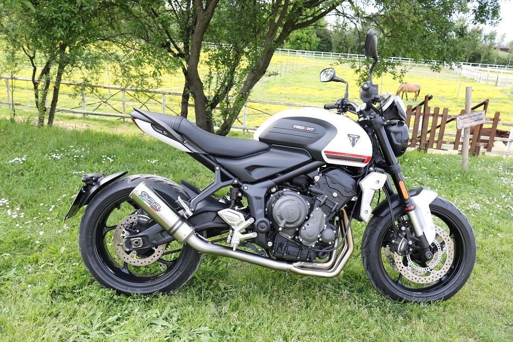 Escape compatible con Triumph Trident 660 2021-2024, M3 Inox , Escape completo racing, incluyendo colector y db killer desmontable, sin homologación 