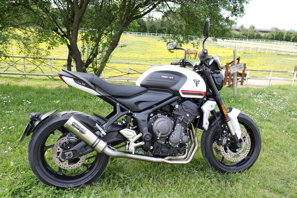 Escape compatible con Triumph Trident 660 2021-2024, M3 Titanium Natural, Escape completo homologado y legal,con catalizador incluido db killer extraíble 