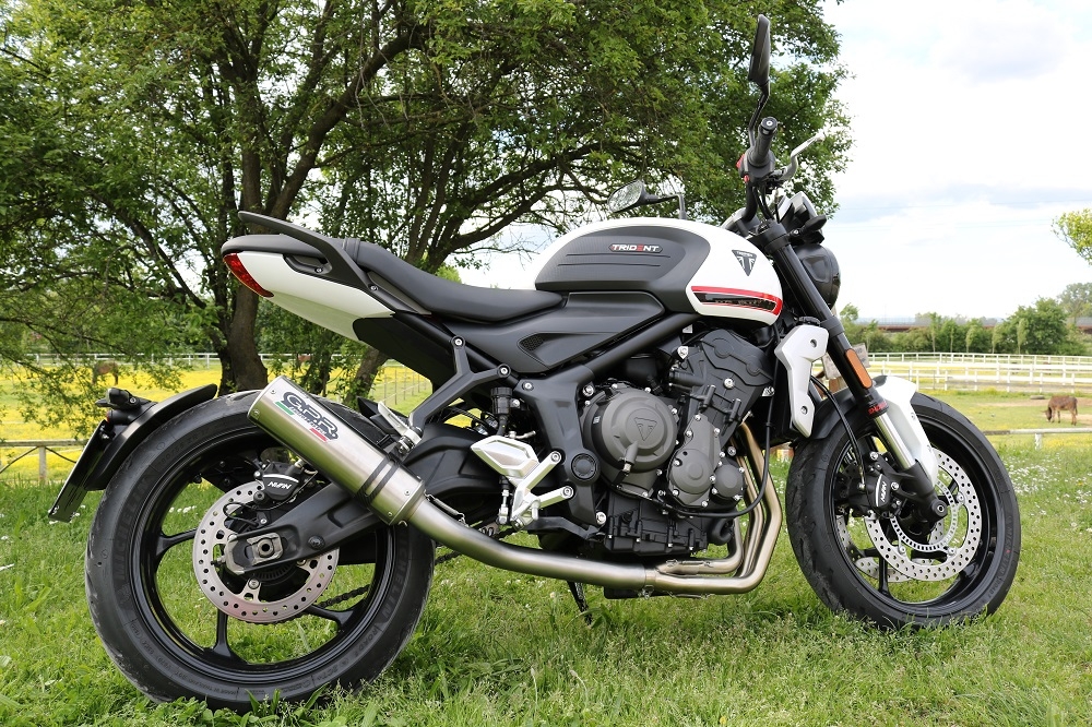 Escape compatible con Triumph Trident 660 2021-2024, M3 Titanium Natural, Escape completo homologado y legal,con catalizador incluido db killer extraíble 