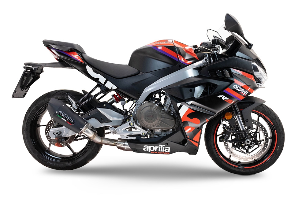 Escape compatible con Aprilia RS 457 2024-2025, Gpe Ann. Black titanium, Escape completo racing, incluyendo colector y db killer desmontable, sin homologación 