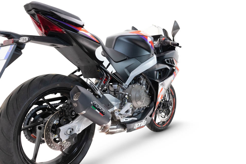 Escape compatible con Aprilia RS 457 2024-2025, Gpe Ann. Black titanium, Escape completo racing, incluyendo colector y db killer desmontable, sin homologación 