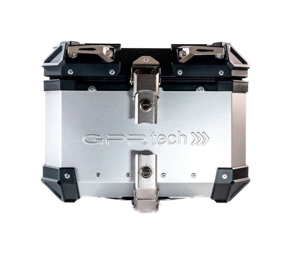 Baúl en aluminio color plata, incluye portaequipajes específico de aluminio y placa especifica de acero. Baúl GPR TECH compatible con  Zontes E 350 2023/2024