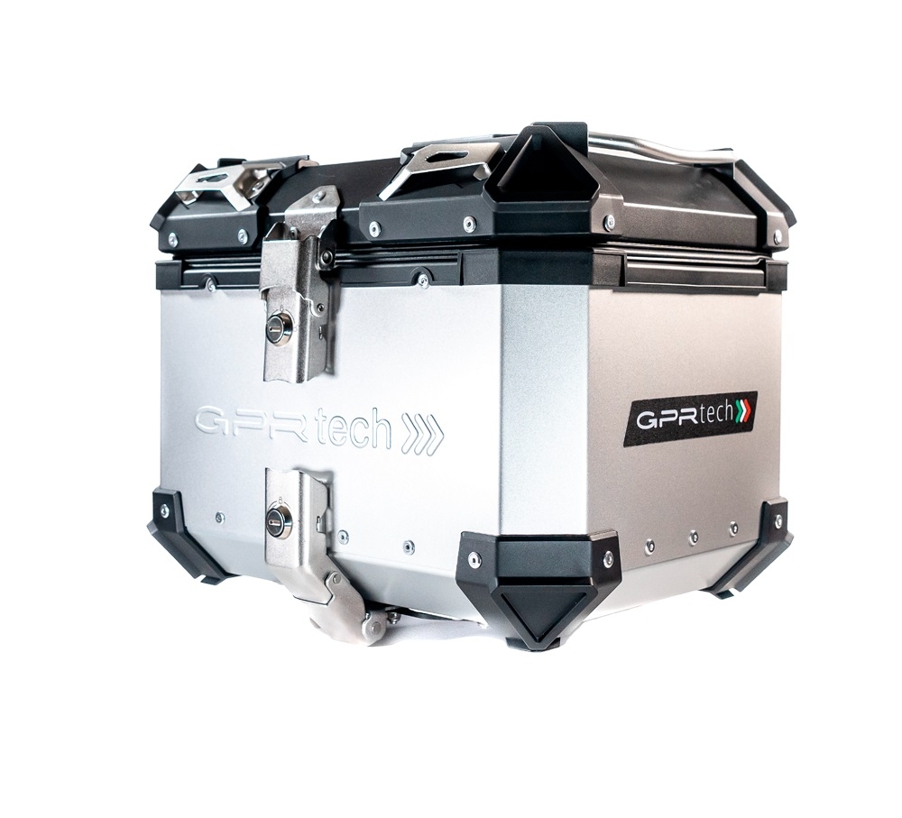 Baúl en aluminio color plata, incluye portaequipajes específico de aluminio y placa especifica de acero. Baúl GPR TECH compatible con  Zontes E 350 2023/2024