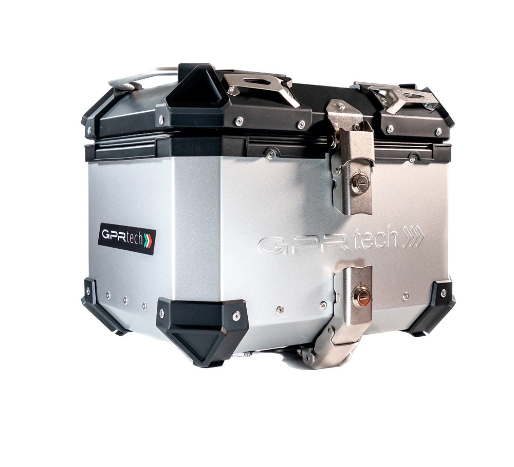 Baúl en aluminio color plata, incluye portaequipajes específico de aluminio y placa especifica de acero. Baúl GPR TECH compatible con  Zontes E 350 2023/2024
