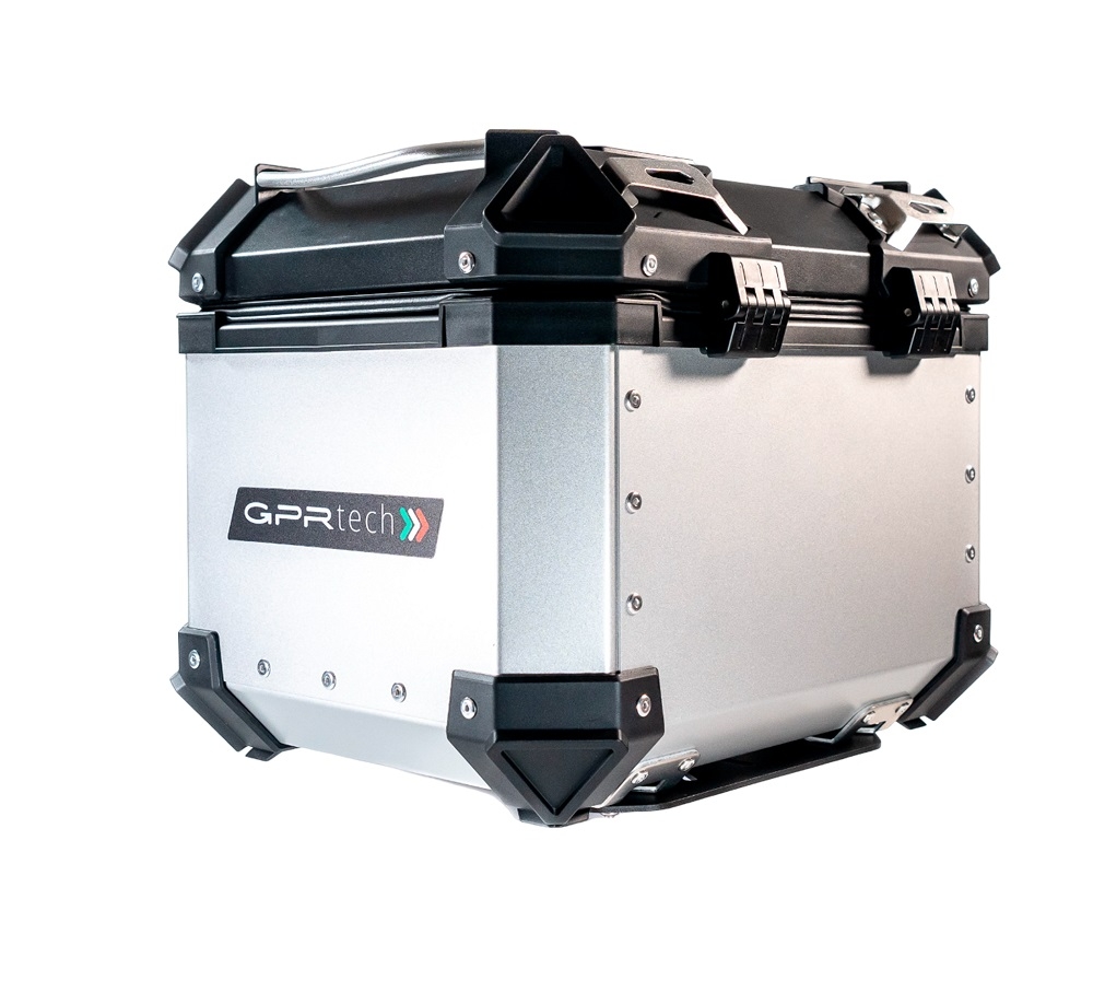 Baúl en aluminio color plata, incluye portaequipajes específico de aluminio y placa especifica de acero. Baúl GPR TECH compatible con  Zontes E 350 2023/2024