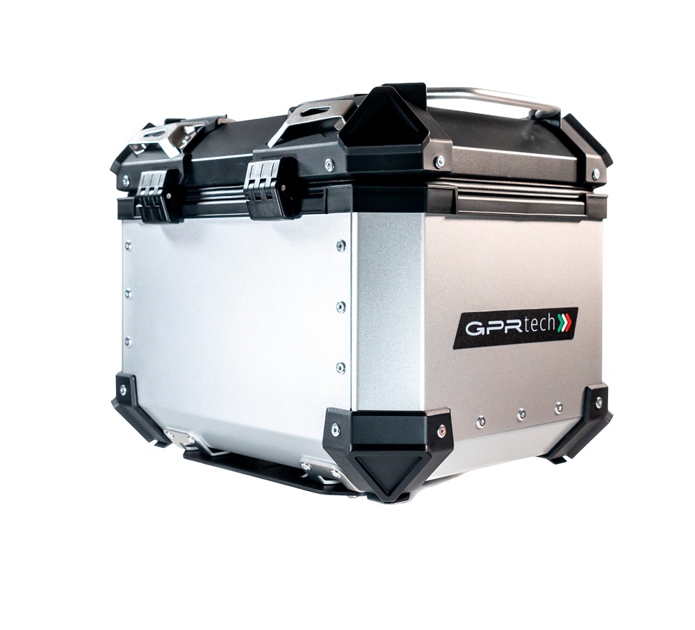 Baúl en aluminio color plata, incluye portaequipajes específico de aluminio y placa especifica de acero. Baúl GPR TECH compatible con  Zontes E 350 2023/2024