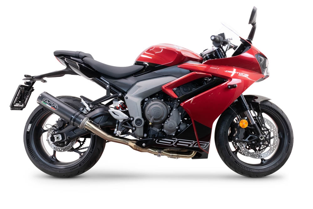 Escape compatible con Triumph Daytona 660 2023-2025, M3 Black Titanium, Escape completo homologado y legal,con catalizador incluido db killer extraíble 