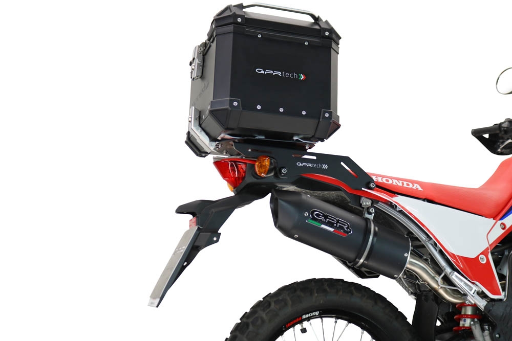 Baúl en aluminio color plata, incluye portaequipajes específico de aluminio y placa especifica de acero. Baúl GPR TECH compatible con  Honda Crf 300 L / Rally 2021/2024 e5