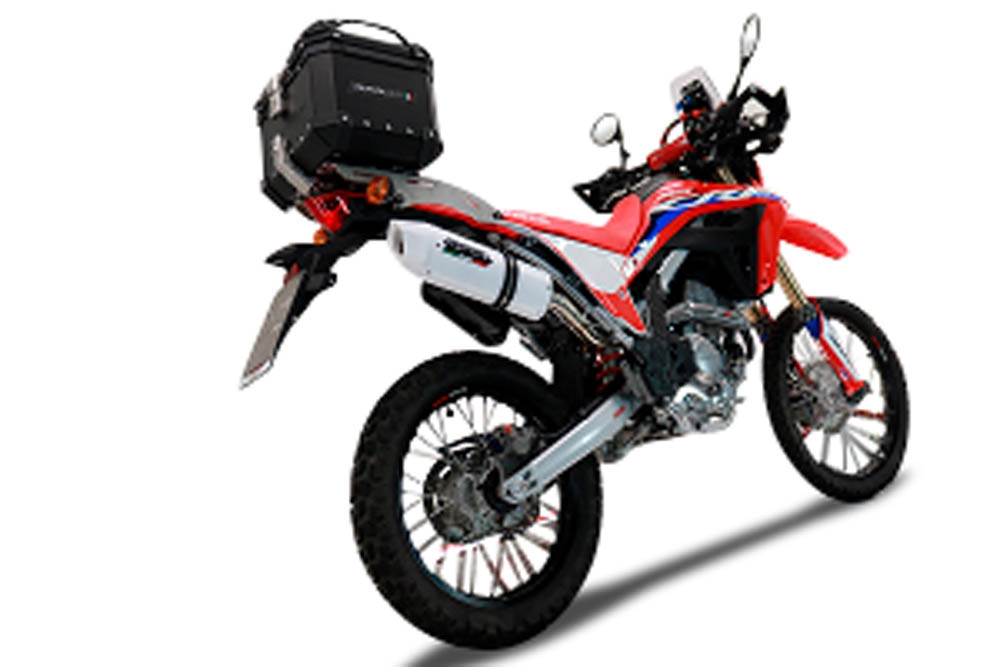 Baúl en aluminio color plata, incluye portaequipajes específico de aluminio y placa especifica de acero. Baúl GPR TECH compatible con  Honda Crf 300 L / Rally 2021/2024 e5