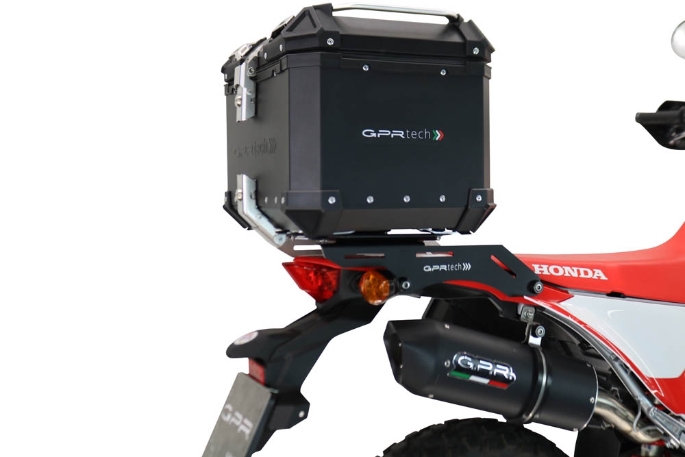 Baúl en aluminio color plata, incluye portaequipajes específico de aluminio y placa especifica de acero. Baúl GPR TECH compatible con  Honda Crf 300 L / Rally 2021/2024 e5