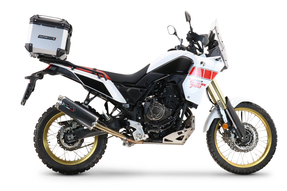Baúl en aluminio color plata, incluye portaequipajes específico de aluminio y placa especifica de acero. Baúl GPR TECH compatible con  Yamaha Tenere 700 2021/2024 e5