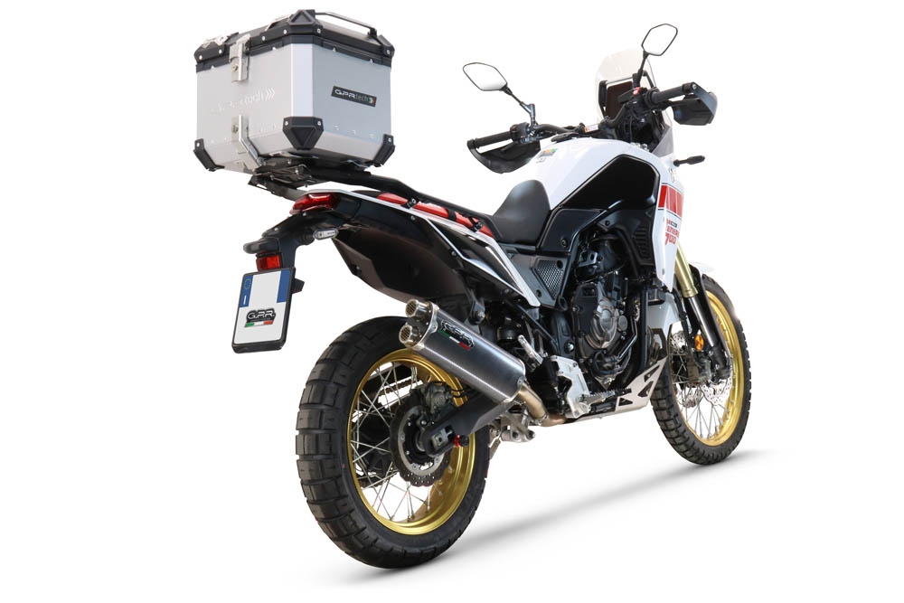 Baúl en aluminio color plata, incluye portaequipajes específico de aluminio y placa especifica de acero. Baúl GPR TECH compatible con  Yamaha Tenere 700 2021/2024 e5