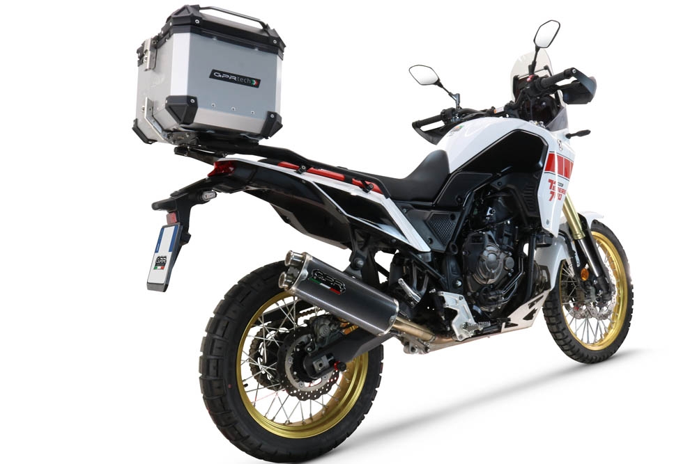 Baúl en aluminio color plata, incluye portaequipajes específico de aluminio y placa especifica de acero. Baúl GPR TECH compatible con  Yamaha Tenere 700 2021/2024 e5