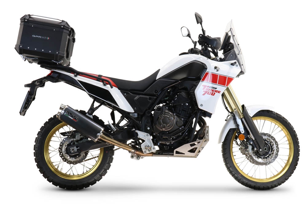 Baúl en aluminio color plata, incluye portaequipajes específico de aluminio y placa especifica de acero. Baúl GPR TECH compatible con  Yamaha Tenere 700 2021/2024 e5