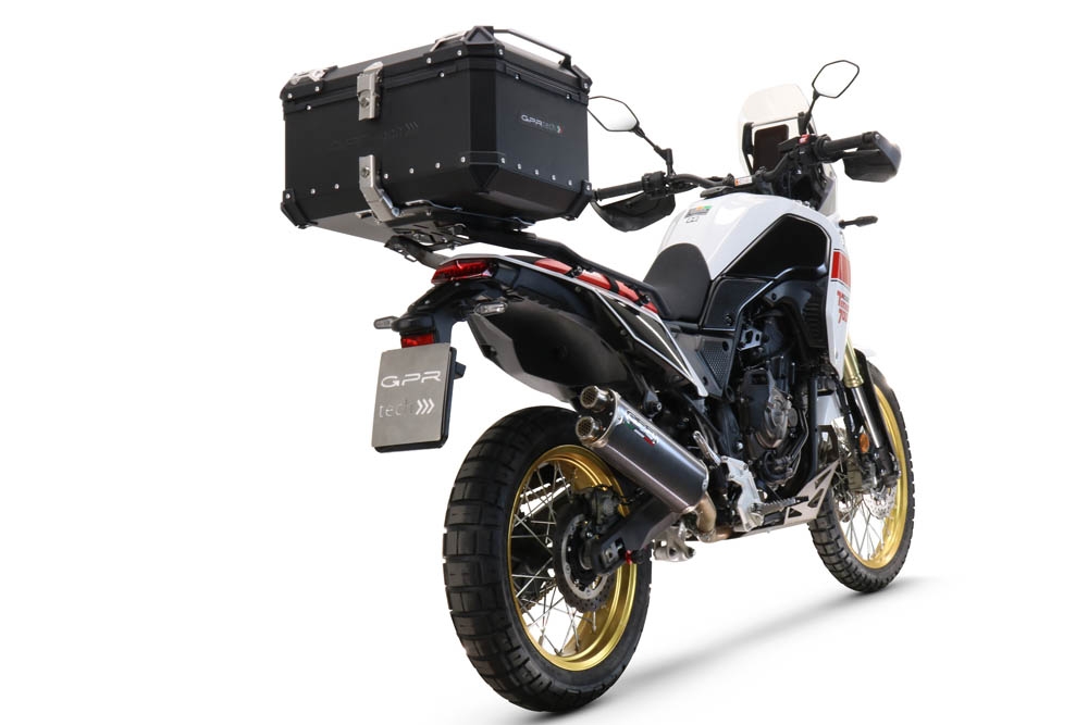 Baúl en aluminio color plata, incluye portaequipajes específico de aluminio y placa especifica de acero. Baúl GPR TECH compatible con  Yamaha Tenere 700 2021/2024 e5