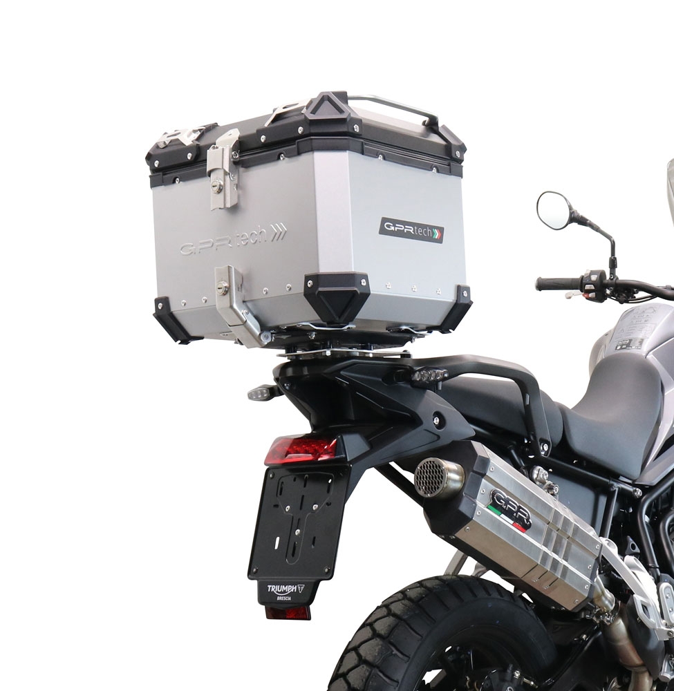Baúl en aluminio color plata con placa específica incluida Baúl GPR TECH compatible con  Triumph Tiger 900 2020/2023 e5