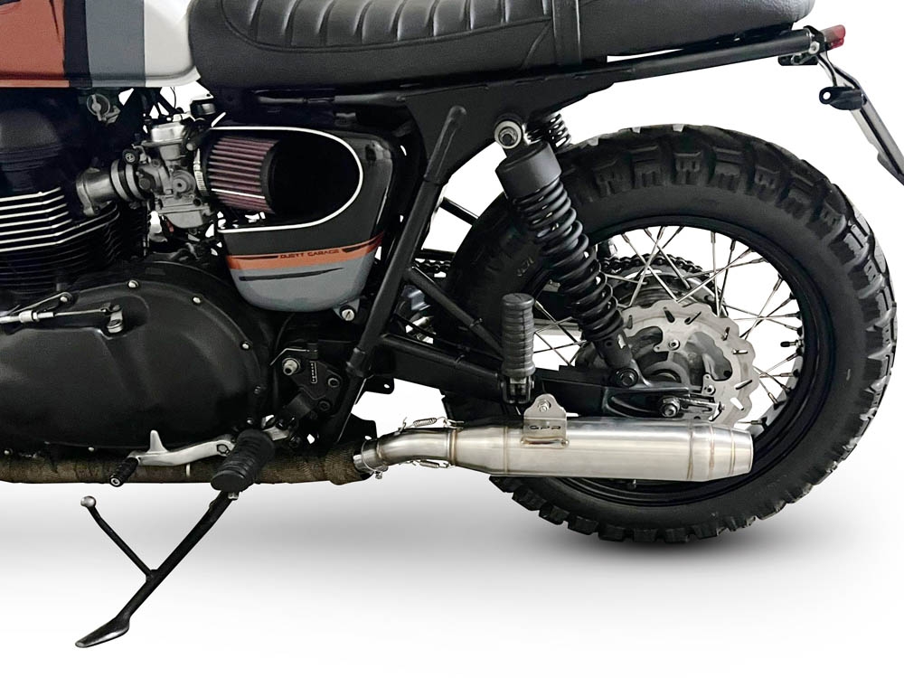 Escape compatible con Triumph BONNEVILLE T100 2001-2014, Deeptone Inox, Par de terminales de escape homologados, con db killer extraíble, catalizadores y tubo de conexión específico 