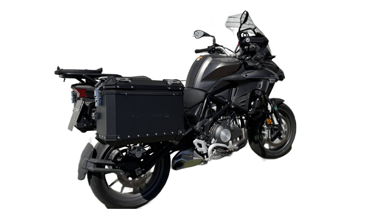 GPR TECH compatible con  Benelli Trk 502 X 2017/2020 e4 Par de maletas laterales en aluminio color negro con portaequipajes específico Capacidad 38 LT. + 38 LT.