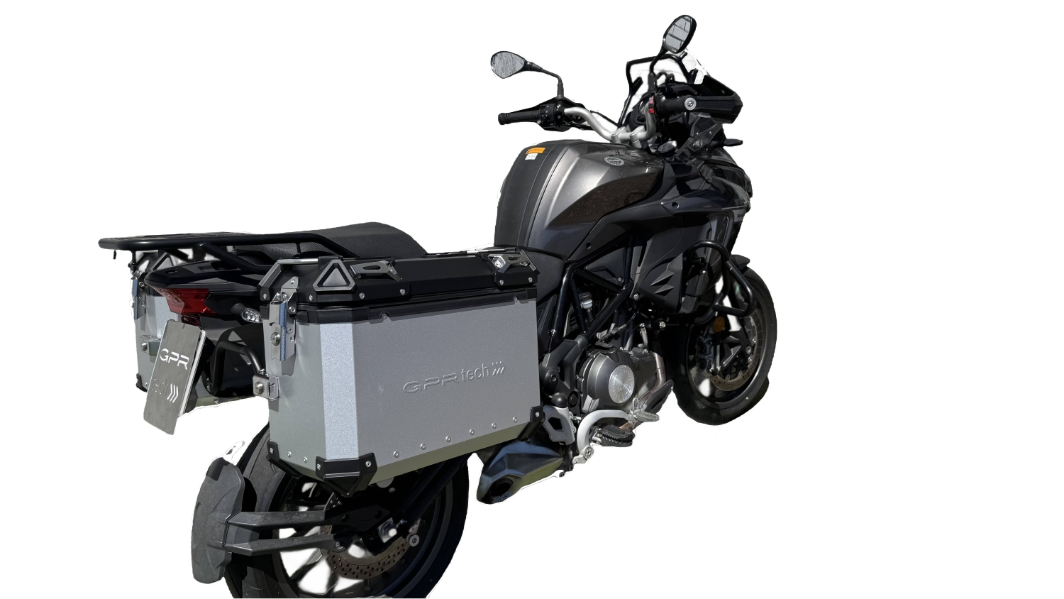 GPR TECH compatible con  Benelli Trk 502 X 2017/2020 e4 Par de maletas laterales en aluminio color plata con portaequipajes específico Capacidad 38 LT. + 38 LT.