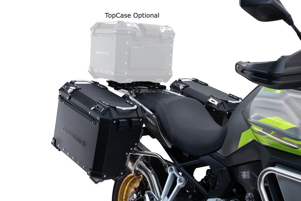 GPR TECH compatible con  Voge 900DSX 2024/2025 e5 Par de maletas laterales en aluminio color negro con lado derecho contorneado, con portaequipajes específico color negro Capacidad 38 LT. + 32 LT.
