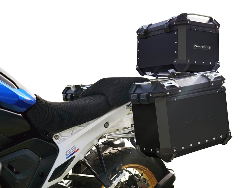 GPR TECH compatible con  Bmw R 1300 GS Adventure 2023/2025 Kit tríptico fabricado en color negro, con Top case 35 Lt + Side Cases 38 Lt + 38 Lt + portaequipaje general color negro Capacidad Top case 35 Litros + capacidad maletas laterales 38 Litros + 38 L