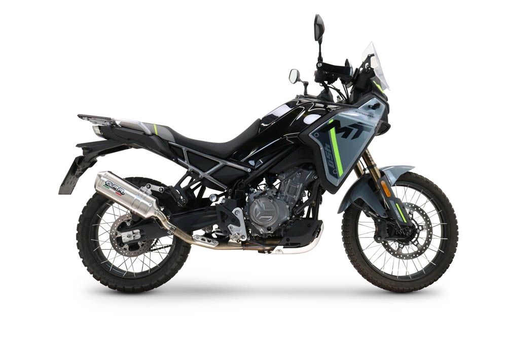 GPR escape compatible con  Cf Moto 450 MT 2024-2025, Satinox , Escape legal, homologado, silenciador con db killer desmontable y tubo de conexión específico 