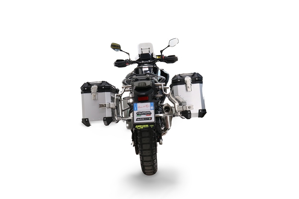 GPR TECH compatible con  Cf Moto 450MT 2023/2025 Euro5 Plus Par de maletas laterales en aluminio con lado derecho contorneado, color plata con portaequipajes específico Capacidad 38 LT. + 32 LT.