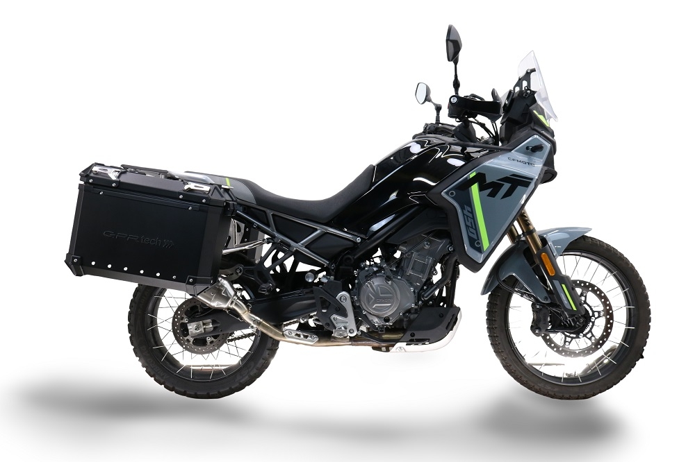 GPR TECH compatible con  Cf Moto 450MT 2023/2025 Euro5 Plus Par de maletas laterales en aluminio con lado derecho contorneado, color negro con portaequipajes específico Capacidad 38 LT. + 32 LT.
