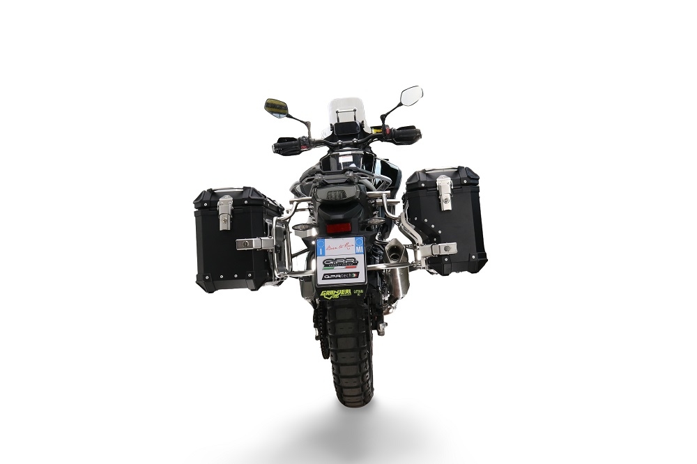 GPR TECH compatible con  Cf Moto 450MT 2023/2025 Euro5 Plus Par de maletas laterales en aluminio con lado derecho contorneado, color negro con portaequipajes específico Capacidad 38 LT. + 32 LT.
