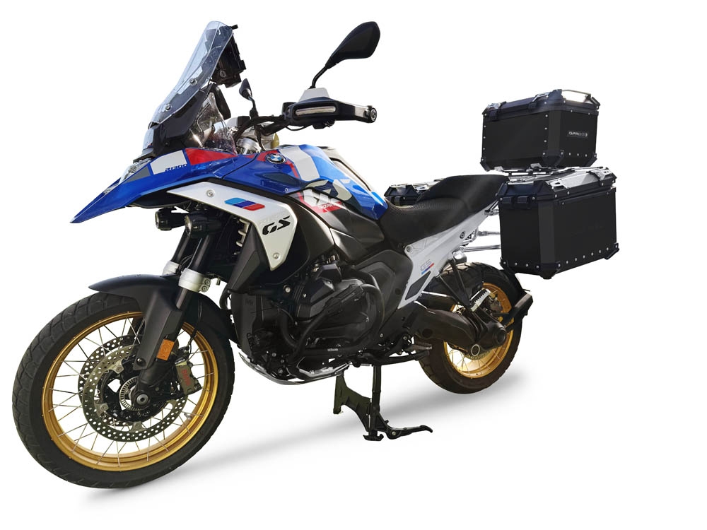 GPR TECH compatible con  Bmw R 1300 GS 2023/2025 Kit tríptico fabricado en color negro, con Top case 45 Lt + Side Cases 38 Lt + 38 Lt + portaequipaje general color negro Capacidad Top case 45 Litros + capacidad maletas laterales 38 Litros + 38 Litros