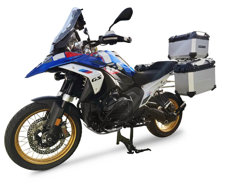 GPR TECH compatible con  Bmw R 1300 GS 2023/2025 Kit tríptico fabricado en color plata, con Top case 45 Lt + Side Cases 38 Lt + 38 Lt + portaequipaje general color negro Capacidad Top case 45 Litros + capacidad maletas laterales 38 Litros + 38 Litros
