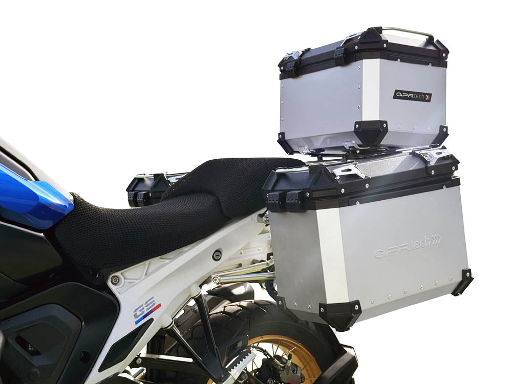 GPR TECH compatible con  Bmw R 1300 GS 2023/2025 Kit tríptico fabricado en color plata, con Top case 45 Lt + Side Cases 38 Lt + 38 Lt + portaequipaje general color negro Capacidad Top case 45 Litros + capacidad maletas laterales 38 Litros + 38 Litros