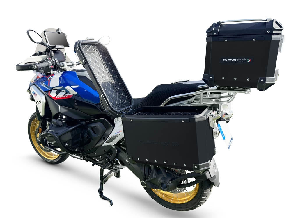 GPR TECH compatible con  Bmw R 1300 GS 2023/2025 Kit tríptico fabricado en color negro, con Top case 35 Lt + Side Cases 38 Lt + 38 Lt + portaequipaje general color negro Capacidad Top case 35 Litros + capacidad maletas laterales 38 Litros + 38 Litros