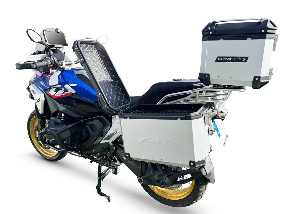 GPR TECH compatible con  Bmw R 1300 GS 2023/2025 Kit tríptico fabricado en color plata, con Top case 35 Lt + Side Cases 38 Lt + 38 Lt + portaequipaje general color negro Capacidad Top case 35 Litros + capacidad maletas laterales 38 Litros + 38 Litros