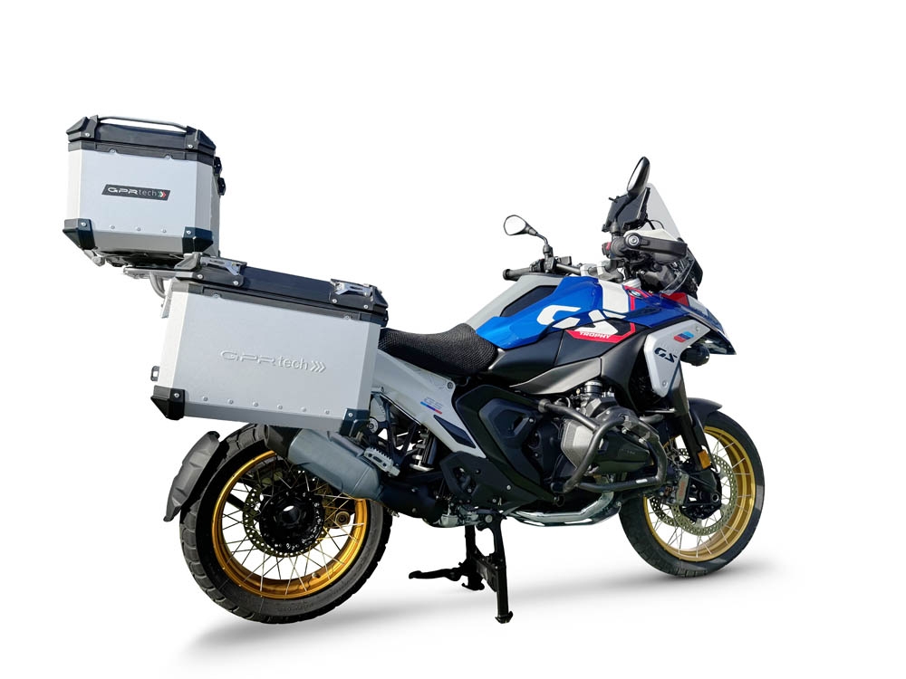 GPR TECH compatible con  Bmw R 1300 GS 2023/2025 Kit tríptico fabricado en color plata, con Top case 35 Lt + Side Cases 38 Lt + 38 Lt + portaequipaje general color negro Capacidad Top case 35 Litros + capacidad maletas laterales 38 Litros + 38 Litros