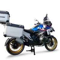 GPR TECH compatible con  Bmw R 1300 GS Adventure 2023/2025 Kit tríptico fabricado en color plata, con Top case 35 Lt + Side Cases 38 Lt + 38 Lt + portaequipaje general color negro Capacidad Top case 35 Litros + capacidad maletas laterales 38 Litros + 38 L