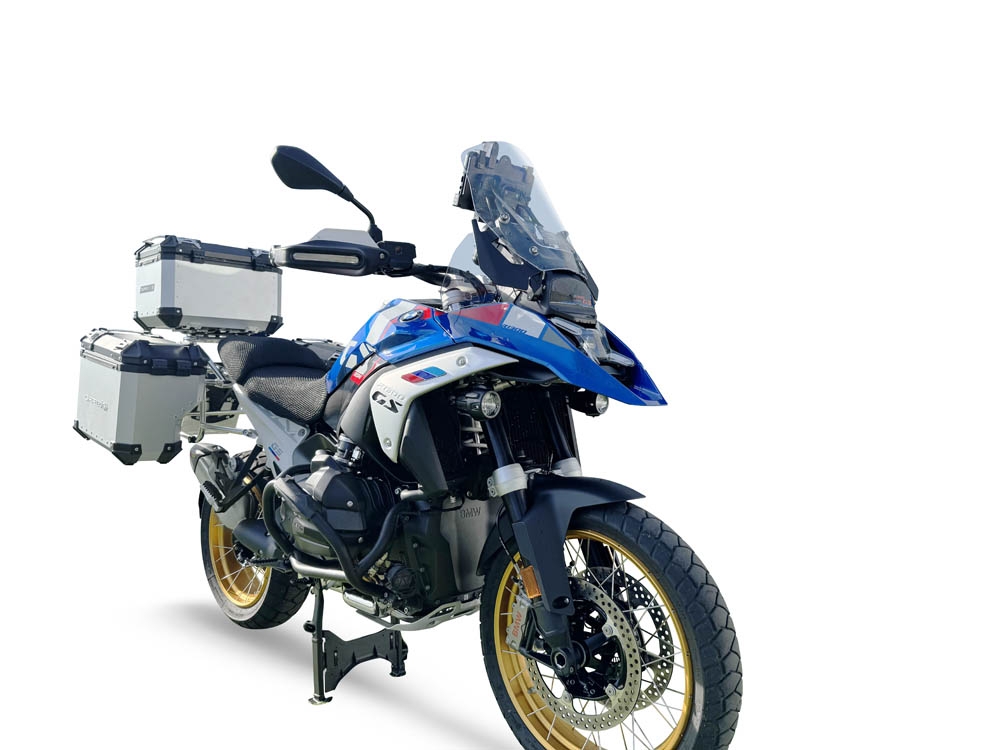 GPR TECH compatible con  Bmw R 1300 GS 2023/2025 Kit tríptico fabricado en color plata, con Top case 45 Lt + Side Cases 38 Lt + 38 Lt + portaequipaje general color negro Capacidad Top case 45 Litros + capacidad maletas laterales 38 Litros + 38 Litros