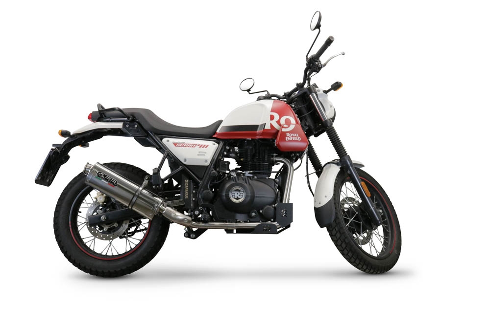 Escape compatible con Royal Enfield Scram 411 2022-2024, Trioval, Escape homologado, legal, con db killer extraíble, tubo de conexión y catalizador 