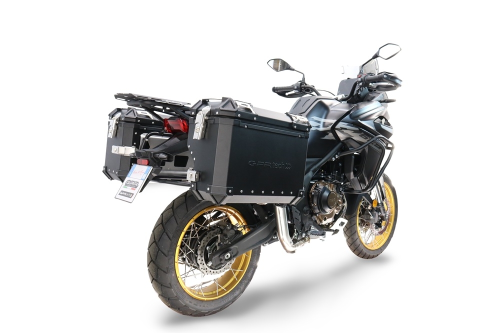 GPR TECH compatible con  Voge 625DSX 2024/2026 e5 Par de maletas laterales en aluminio con lado derecho contorneado, color negro con portaequipajes específico Capacidad 38 LT. + 32 LT.