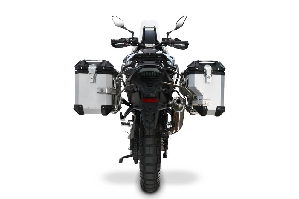 GPR TECH compatible con  Voge DS 800 Rally 2025/2026 Par de maletas laterales en aluminio con lado derecho contorneado, color plata con portaequipajes específico TECH-EVO  Capacidad 38 LT. + 32 LT.