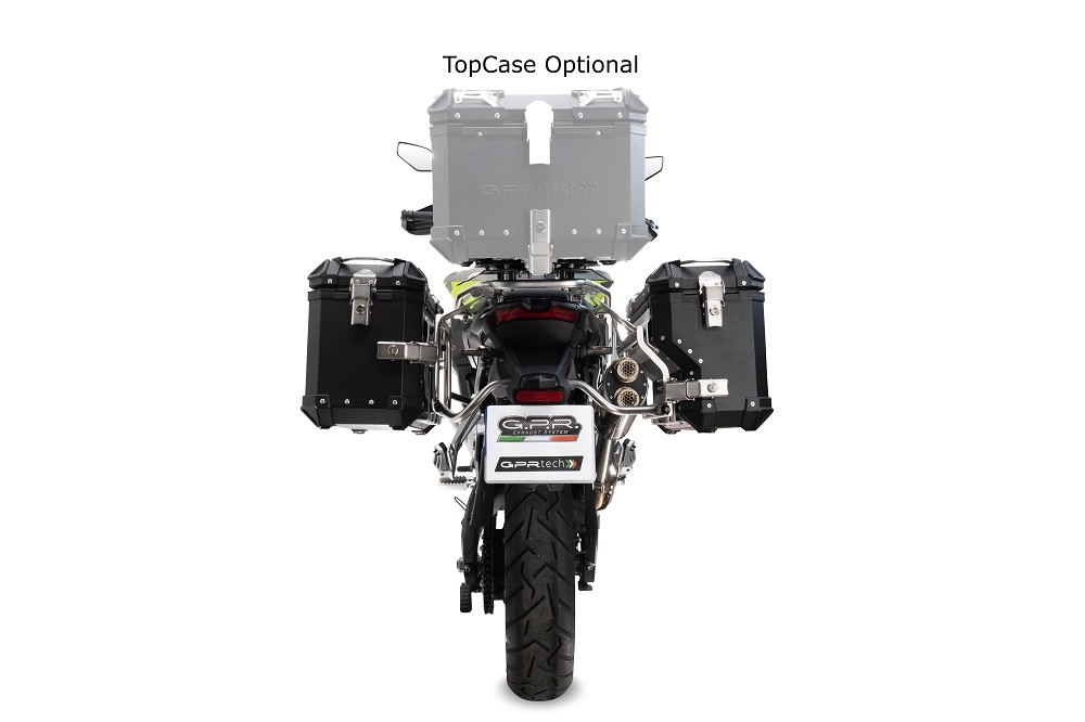 Par de maletas laterales en aluminio color plata,con lado derecho contorneado, con portaequipajes específico color negro GPR TECH compatible con  Voge 900DSX 2024/2025 e5