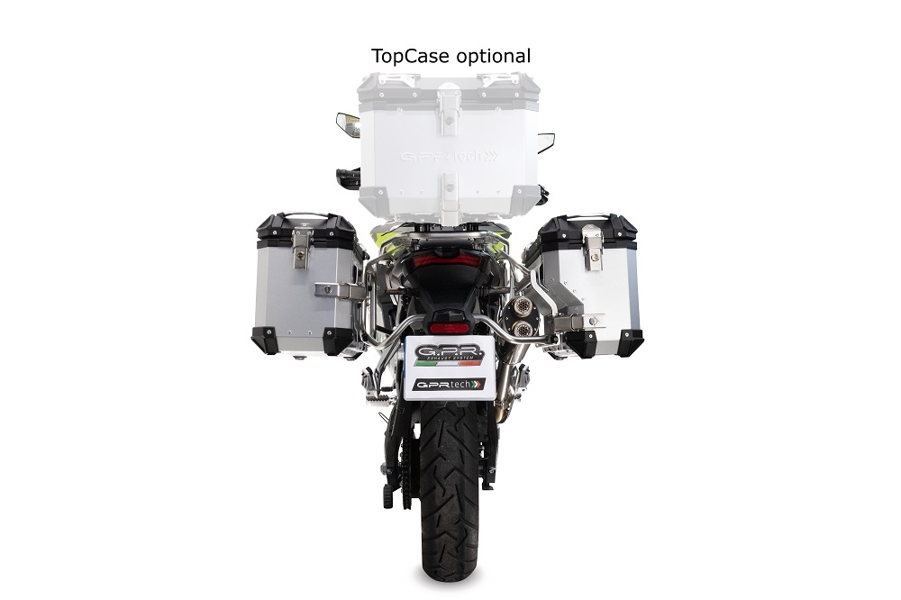 Par de maletas laterales en aluminio color plata,con lado derecho contorneado, con portaequipajes específico color plata  GPR TECH compatible con  Voge 900DSX 2024/2025 e5